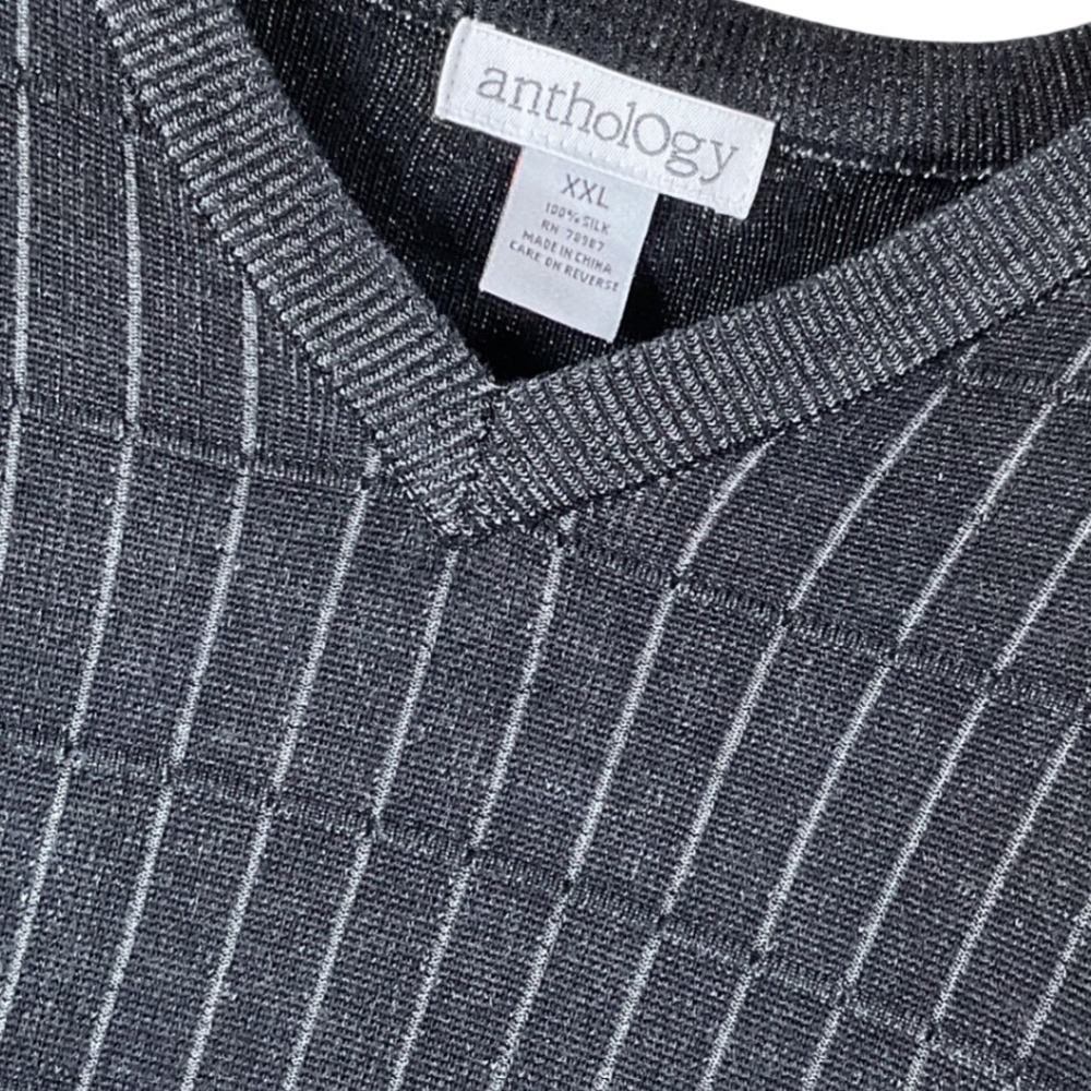 Anthology Mens V Neck Sleeveless Sweater Vest Dark Gray Pinstripe‎ XXL 100% Silk